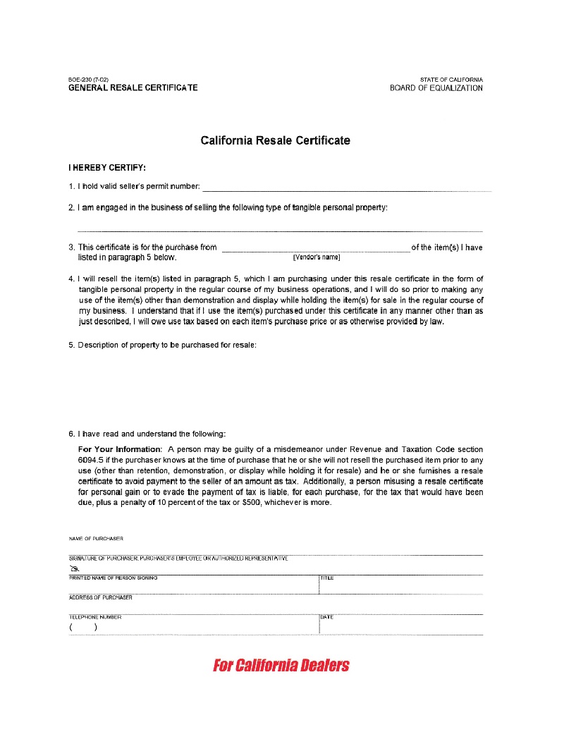 California Resale Certificate